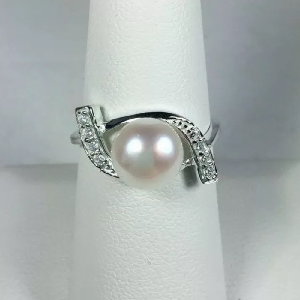 Sterling Silver Pearl Ocean Wave Clear Stones Ring